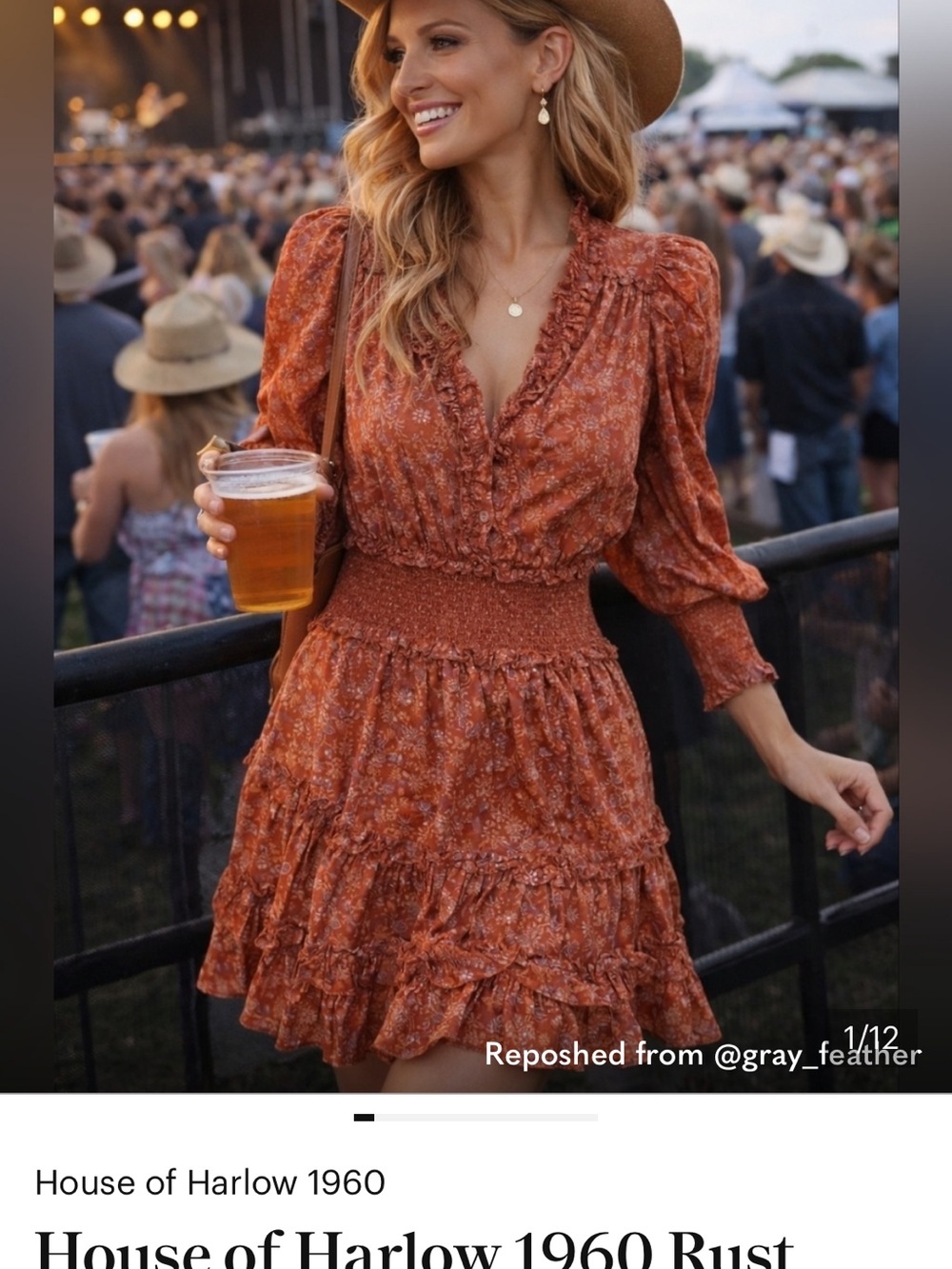 House of Harlow 1960 Orange Floral Smocked-Waist Ruffle Dress - Picture 3 of 7